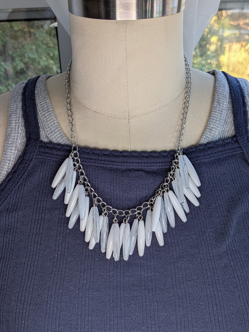 Silver White Marbled Lucite Dangle Fringe Bib Statement Necklace Adjustable